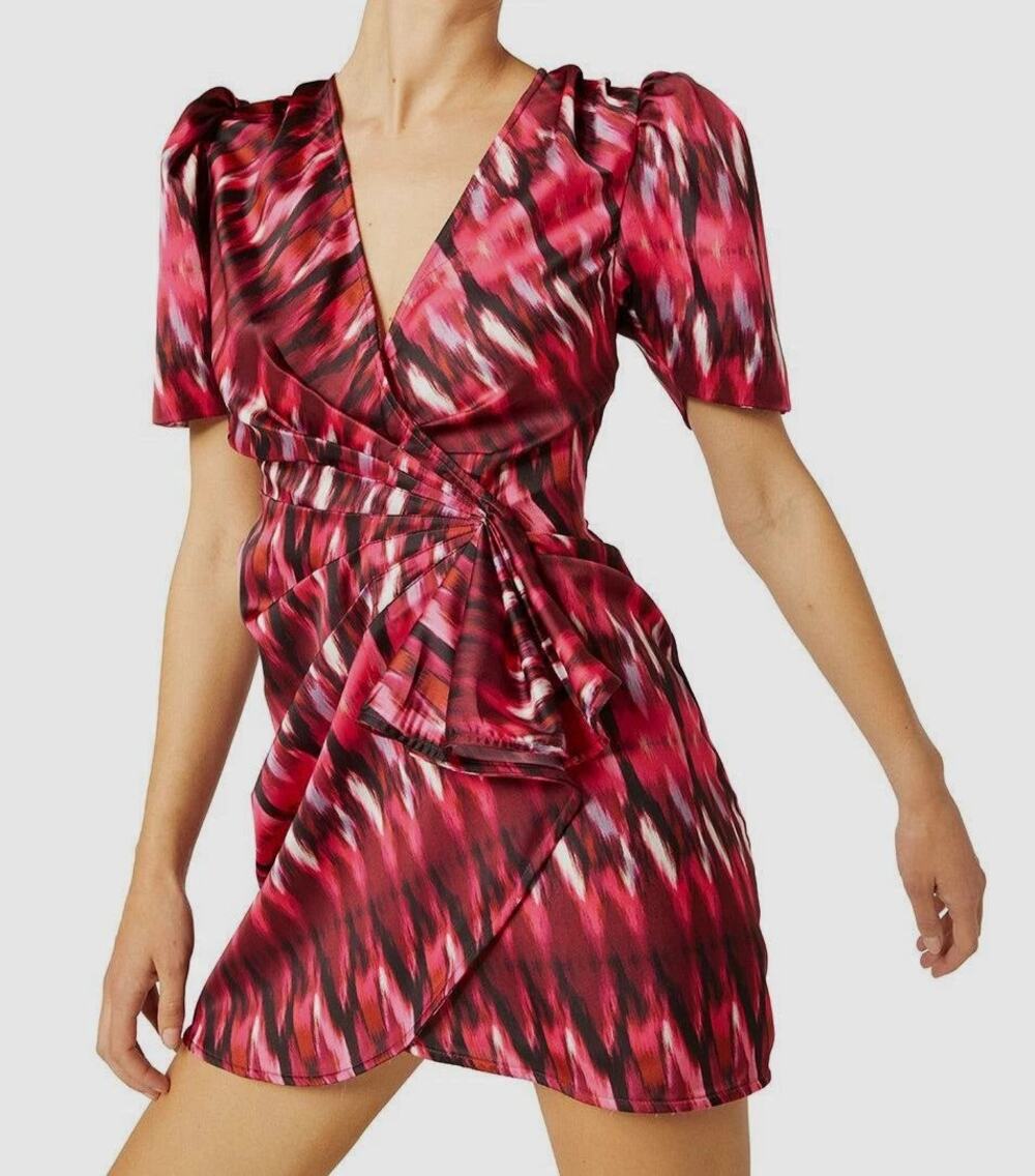 MISA Los Angeles Amina Satin Puff Sleeve Wrap Mini Dress Red Women's Size Medium
